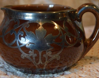 Art Nouveau Sterling Silver Overlay Creamer~Langley Mill Pottery~Art Deco~Chocolate Brown With Silver Overlay~Late 19th, Early 20th Century