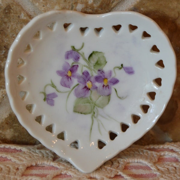 Small Reticulated Handpainted Heart Shaped Pin Dish Or Ring Dish~Signed By Artist Gaby Olson~3 1/2" X 3 1/4"~Precious