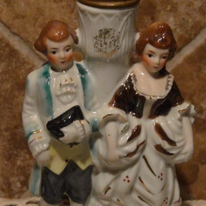 Colonial Man and Lady Kerosene Lamp Base~8" Tall~Cute Shelf Sitter~Top is Cockeyed~Porcelain Base