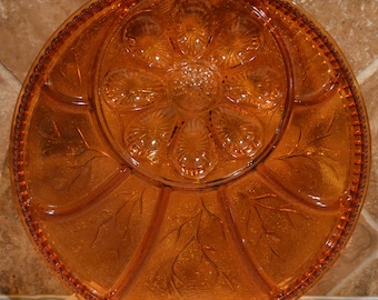 Indiana Glass Deviled Egg And Relish Tray~Amber~13&quot; Diameter~Flea Bite And Scratch~