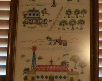 Huge Framed Stitchery Done By Peggy Vose In 1968~27 1/2" x 14 1/2"~Lovcly Hand Embroidery~Farmhouse Decor~