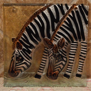 Fun Just Under 6&quot; x 6&quot; Glass Pane Zebras~Art Deco~Holes To Add Leather To Hang~Raised Glass Art~Safari Art