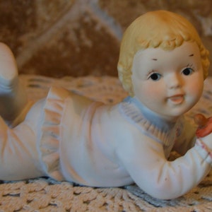 Cute Vintage Bisque Porcelain Piano Baby With Pacifier~Made in Philippines~About 3&quot; High and About 8 1/2&quot; Long~Sweet!