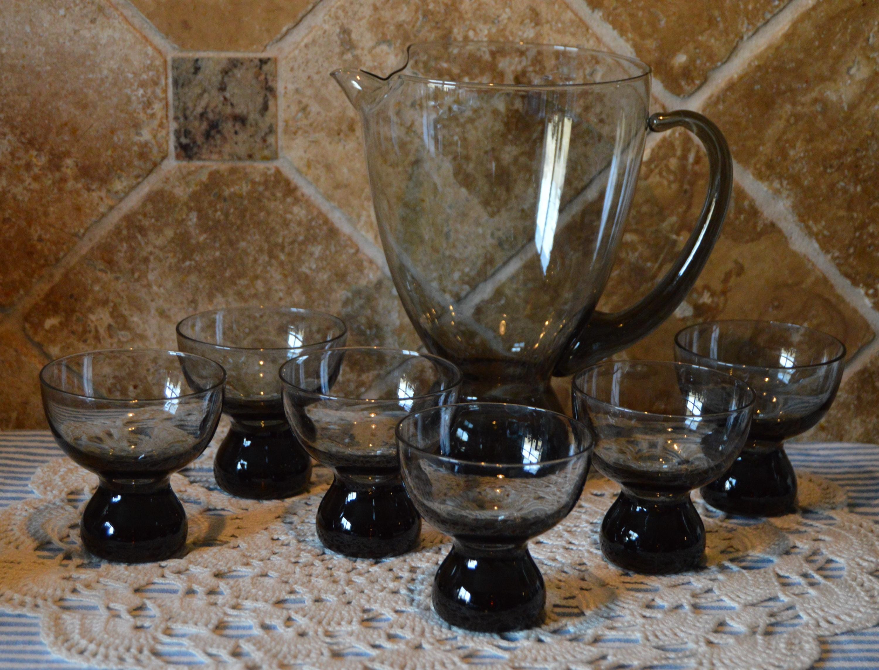 Vintage Morgantown Smoke Glass Cocktail Pitcher Set With Six 