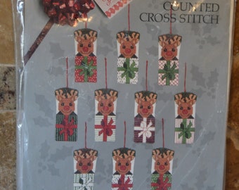 Something Special Counted Cross Stitch Ornaments Kit~Reindeer In Packages~From 1989~Makes 10 Ornaments