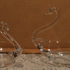 Two Tiffin Glass Swan Candy Or Nut Dishes With Fluted Tail~Tall One Is About 6 1/2&quot;~Other Is About 5&quot;~