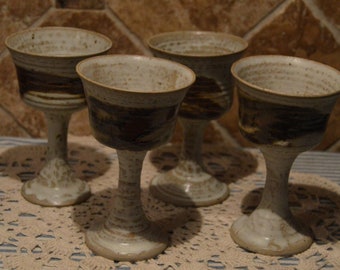 Art Pottery Wine Glasses~Set Of Four Pottery Goblets~Chalices~5 1/2" Tall~Excellent Pre Owned, Displayed Condition