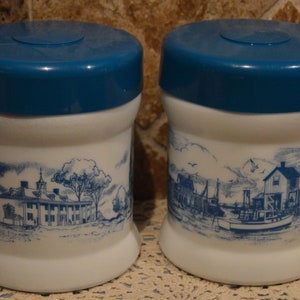 Vintage Milk Glass Tobacco Canisters With Blue Plastic Lids~Cigar Jar~Canister~Humidor~Heavy~Wrap Around Designs~Clean Inside