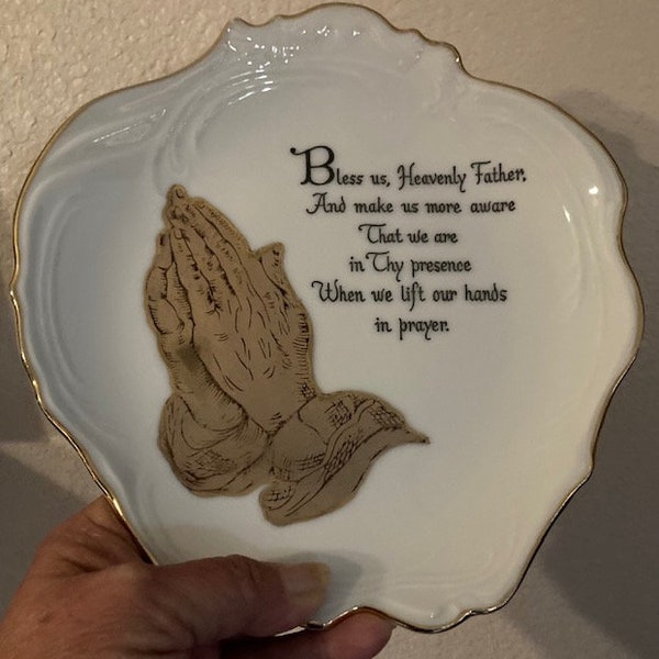 Beautiful Collectible Prayer Plate By Norcrest~Gold Praying Hands~Interesting Shape~Lovely Prayer~About 8" x 8"