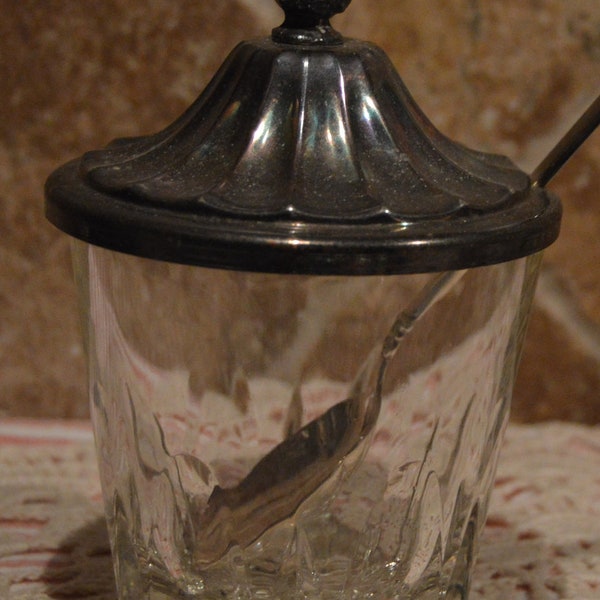 1847 Rogers Bros Silver Plate Lid And Spoon With Cut Glass Sugar Bowl~Jar Is About 3 1/2" In Diameter~With Lid It's About 6" Tall