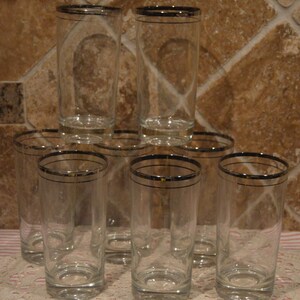 Set Of 8 MCM Silver Band Rim With Silver Stripe Tumblers~About 5 1/2&quot; Tall~Some Show Silver Wear~Please See Pix