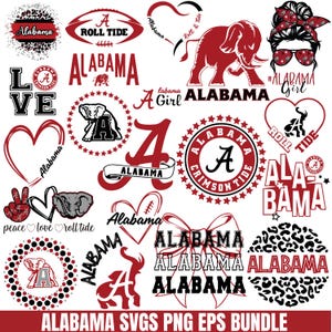 Può includere: Una collezione di grafiche a tema Alabama in rosso e nero. I disegni includono la parola "Alabama" in vari font, un elefante, un pallone da football e la frase "Roll Tide".