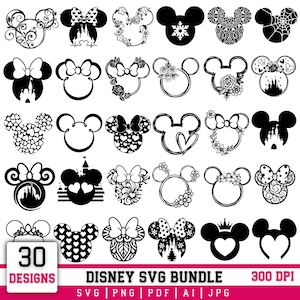 May include: A collection of 30 Disney-themed SVG designs in black and white. The designs feature Mickey Mouse silhouettes with various decorative elements, including bows, hearts, flowers, and castle outlines. The image includes the text "DISNEY SVG BUNDLE".