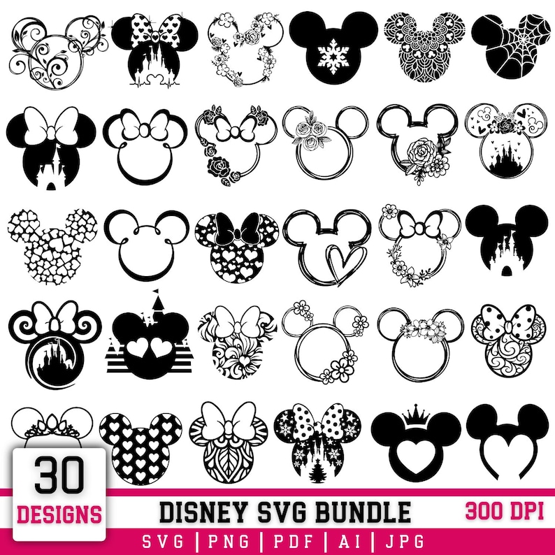 May include: A collection of 30 Disney-themed SVG designs in black and white. The designs feature Mickey Mouse silhouettes with various decorative elements, including bows, hearts, flowers, and castle outlines. The image includes the text "DISNEY SVG BUNDLE".