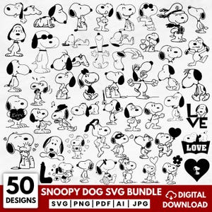 May include: A collection of 50 Snoopy dog designs in black and white. The image includes various poses of Snoopy, with the text "SNOOPY DOG SVG BUNDLE" and file type options. A digital download.