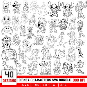 May include: Black and white line art illustrations of 40 Disney characters, including Mickey Mouse, Donald Duck, and Ariel. The image includes the text "40 DESIGNS DISNEY CHARACTERS SVG BUNDLE 300 DPI".