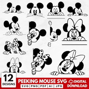 May include: Black and white vector illustrations of Mickey and Minnie Mouse peeking over and around objects. The image includes 12 designs, with the text "PEEKING MOUSE SVG" and "DIGITAL DOWNLOAD".