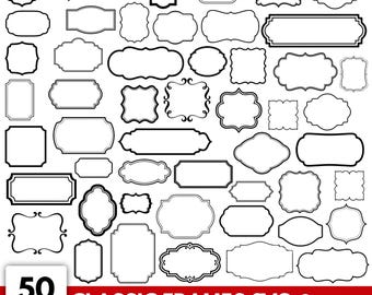 May include: A collection of 50 classic frame designs in black and white. The frames vary in shape and style, including rectangular, oval, and ornate designs. The image includes the text "CLASSIC FRAMES SVG DIGITAL DOWNLOAD".