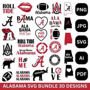 Pode incluir: Uma coleção de designs com o tema Alabama em vermelho e preto, incluindo o contorno do estado, bolas de futebol americano, a letra "A" e as palavras "Roll Tide" e "Alabama". A imagem também inclui ícones de tipo de arquivo como PNG, JPG, SVG, AI e PDF.