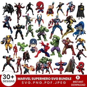 May include: A collection of over 30 Marvel superhero designs in various poses. The characters include Spider-Man, Captain America, Hulk, Iron Man, and Batman. The image includes the text "MARVEL SUPERHERO SVG BUNDLE" and file type information.