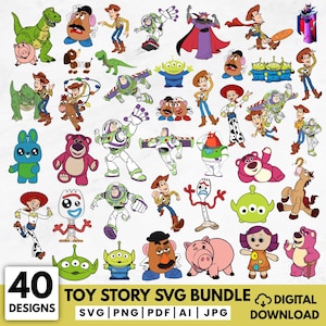 May include: A digital download graphic bundle featuring 40 designs of characters from the Toy Story film. The characters include Woody, Buzz Lightyear, Rex, Mr. Potato Head, and others. The bundle includes SVG, PNG, PDF, AI, and JPG file formats.