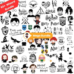 May include: A collection of black and white wizard-themed graphics, including characters, symbols, and text. The image features the text "80+ Wizard Bundle" and "Mega Bundle". Designs include glasses, lightning bolts, and the words "Always" and "Harry Potter".