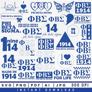 Puede incluir: Una colección de gráficos Phi Beta Sigma azules y blancos, que incluyen corazones, mariposas y las letras griegas ΦΒΣ. El texto incluye "Phi Beta Sigma", "1914" y "For Life". La imagen está etiquetada como descarga instantánea.
