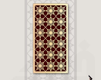May include: A rectangular decorative panel with a gold-colored frame and a geometric starburst pattern. The background is a deep burgundy color. The panel is set against a light gray backdrop with a subtle star pattern.