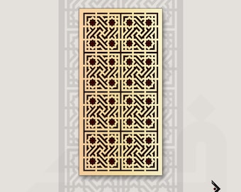 May include: A rectangular, gold-colored panel with a geometric, repeating pattern in a dark burgundy color. The design features interlocking shapes and star-like elements. The panel is set against a light gray background with a subtle, repeating pattern.
