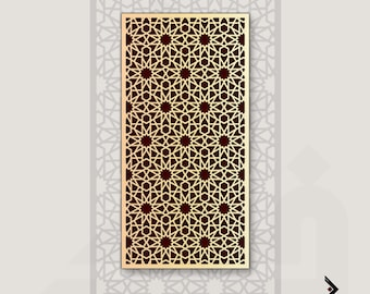 May include: A rectangular gold-colored panel with a geometric star pattern against a dark red background. The panel is framed in gold and set against a light gray backdrop with a subtle, repeating star design. The bottom right corner features a logo.