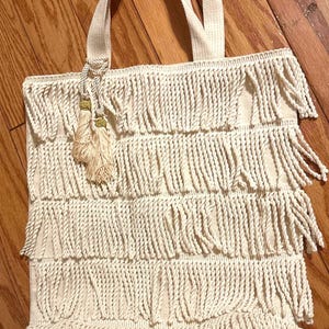 Mop String Fringe Tote Bag:  Bohemian, 15.5” Handles, Tassels, Single Opening