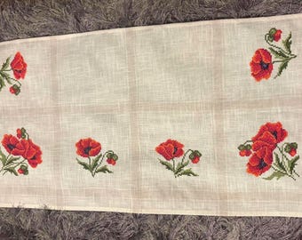 Small Embroidered Red Poppy Table Runner. Cross-Stitched Cream Linen, Long Green Tassels