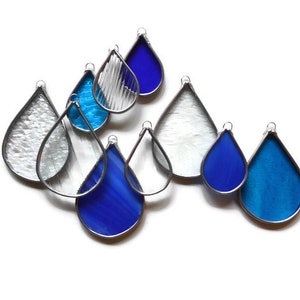 Stained Glass Raindrops - Set of 10 in Assorted Blue & Clear Textured Glass