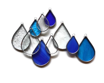 Stained Glass Raindrops - Set of 10 in Assorted Blue & Clear Textured Glass