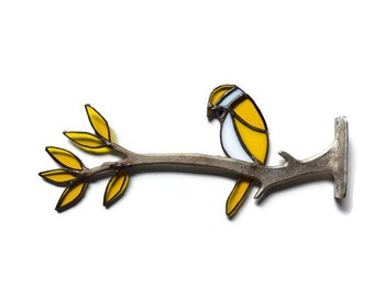 Stained Glass Yellow Songbird on Branch