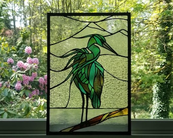 Stained Glass Blue Heron Window Panel
