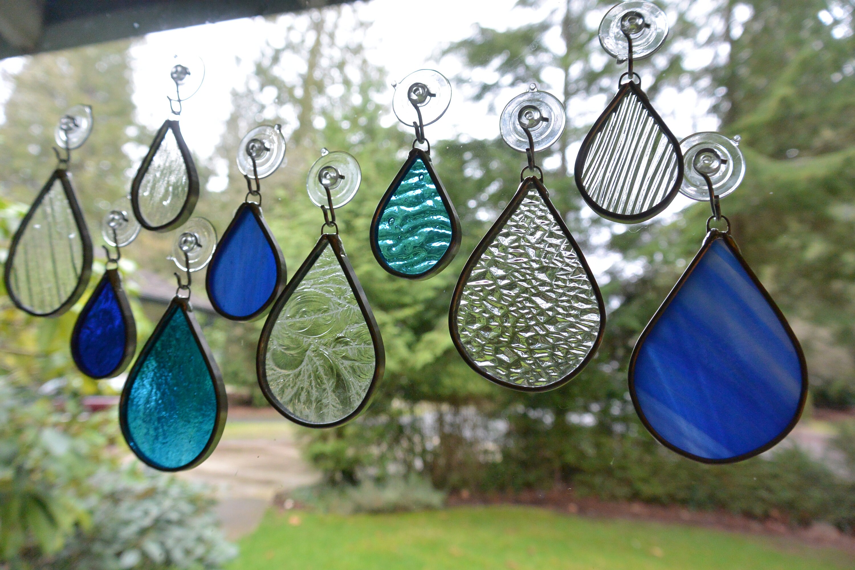 Stained Glass Raindrops - Set of 10 in Assorted Blue & Clear Textured ...