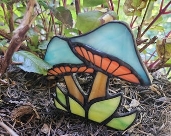 Stained Glass Blue Mushrooms Potted Plant Stake