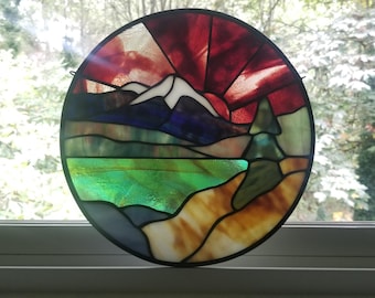 Stained Glass Mountain Red Sunset