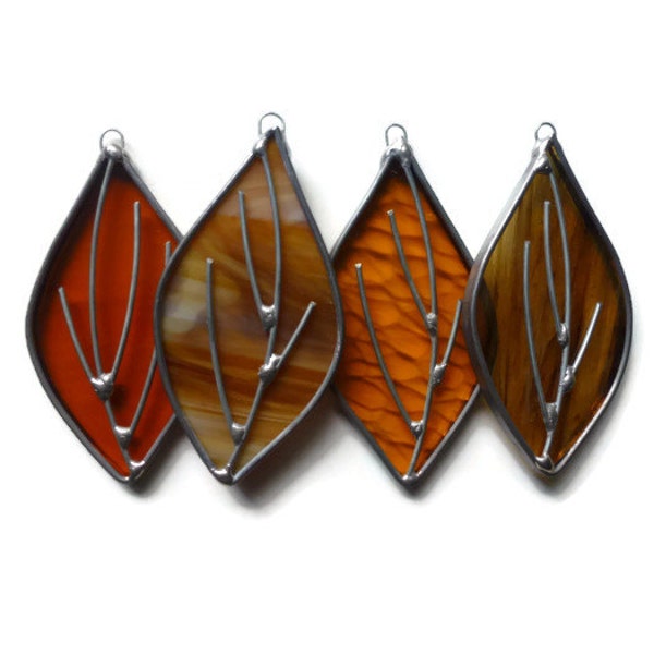 Stained Glass Fall Leaves - Set of 4 Brown, Amber, Tan Autumn Suncatchers