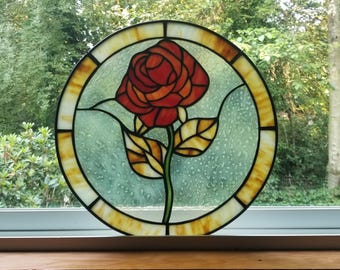 Stained Glass Orange Rose Round Panel