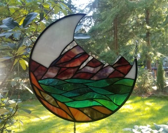 Stained Glass Mountain Range Resting in Moon