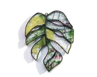 Stained Glass Monstera Leaf Green Pink Confetti Glass