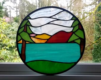 Stained Glass Mountain Trees Water