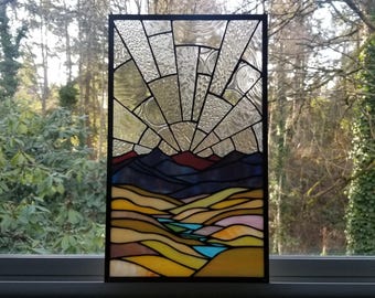 Stained Glass Mountain River Sun Landscape