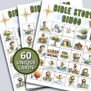 Bible Bingo Game Printable | 60 Bible Story Bingo Cards for Kids | Church Games | Christian Family Game | Instant Download