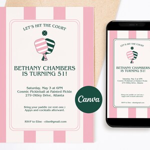 51st Birthday Invitation for Women | Pale Pink Pickleball & Cocktails Digital Invite | Printable Download Party Invitation | Downloadable
