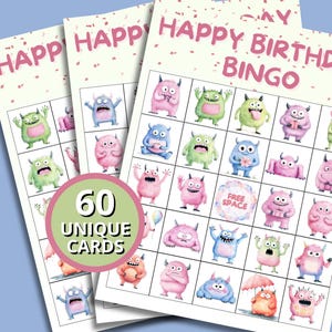 Birthday Bingo Game Printable | 60 Unique Monster Bingo Cards for Kids | Birthday Party Games for Large Groups | Fun Party Activity Download