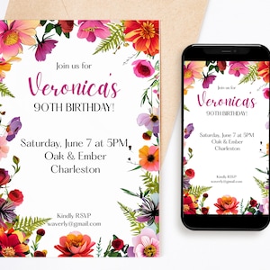90th Birthday Invitation For Women | Floral | Digital Invite | Printable Download | Party Invitation | Downloadable Birthday Invite For Her