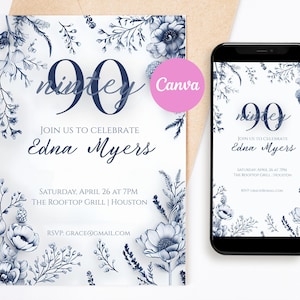 90th Birthday Invitation | For Women Grandma | Digital Invite | Printable Download | Birthday Invite | 90th Birthday Party Invitation